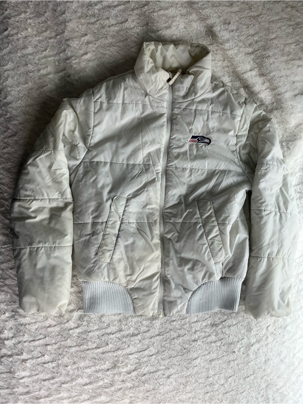NFL Women's White Puffer Jacket with Embroidered Seahawks Logo